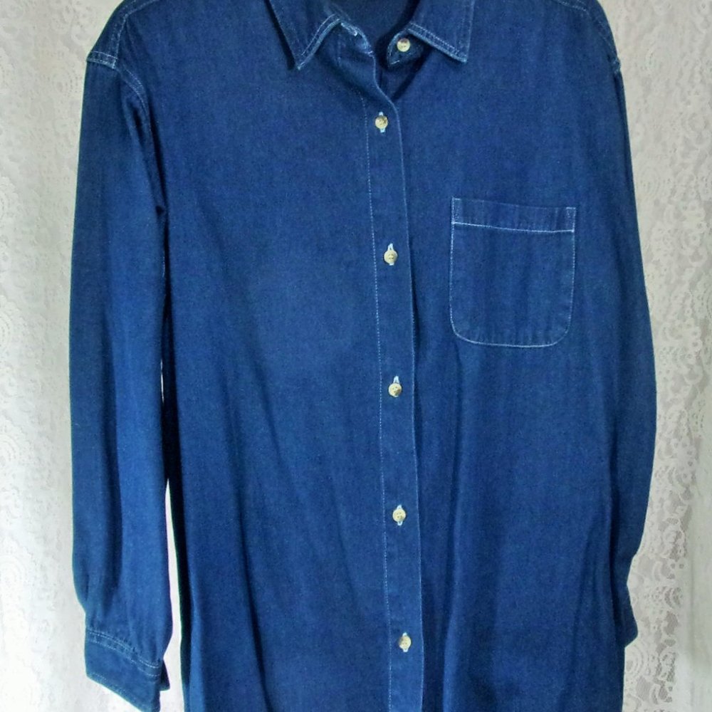 Classic Long Sleeve Button Front By THR Denim Shirt White Topstitching Size L